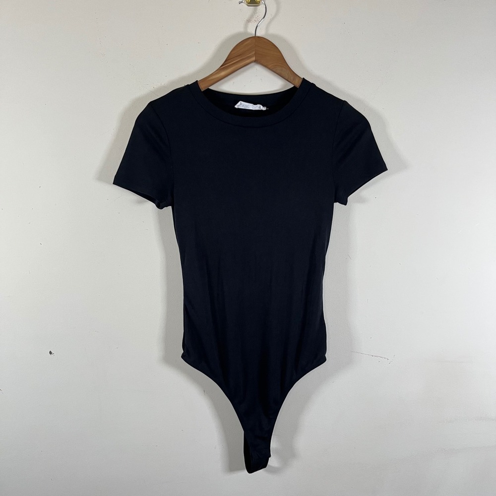 Elodie Short Sleeve Ribbed Bodysuit Black Single Clasp Minimalist Womens Medium
